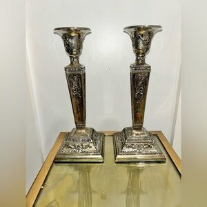 Pair of Topazio Silver-plated Rams-Head Neoclassical Candlesticks